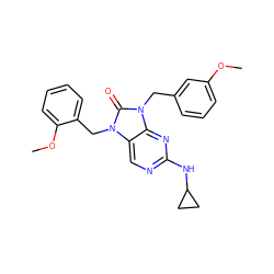 COc1cccc(Cn2c(=O)n(Cc3ccccc3OC)c3cnc(NC4CC4)nc32)c1 ZINC000040423012