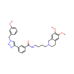 COc1cccc(Cn2cc(-c3cccc(C(=O)NCCCCN4CCc5cc(OC)c(OC)cc5C4)c3)nn2)c1 ZINC000169344539