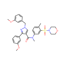 COc1cccc(Cn2cc(C(=O)N(C)c3ccc(C)c(S(=O)(=O)N4CCOCC4)c3)c(-c3cccc(OC)c3)n2)c1 ZINC000169343956