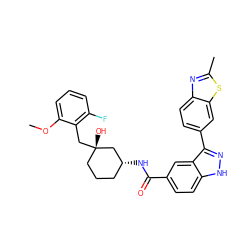 COc1cccc(F)c1C[C@@]1(O)CCC[C@@H](NC(=O)c2ccc3[nH]nc(-c4ccc5nc(C)sc5c4)c3c2)C1 ZINC000200800553