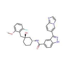 COc1cccc(F)c1C[C@@]1(O)CCC[C@@H](NC(=O)c2ccc3[nH]nc(-c4ccc5nccn5c4)c3c2)C1 ZINC000200797465