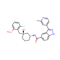 COc1cccc(F)c1C[C@@]1(O)CCC[C@@H](NC(=O)c2ccc3[nH]nc(-c4ccnc(C)c4)c3c2)C1 ZINC000200797416