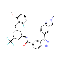 COc1cccc(F)c1C[C@H]1C[C@H](C(F)(F)F)C[C@H](NC(=O)c2ccc3[nH]nc(-c4ccc5nn(C)cc5c4)c3c2)C1 ZINC000147818544
