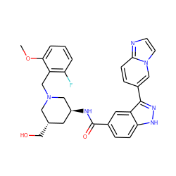 COc1cccc(F)c1CN1C[C@@H](CO)C[C@H](NC(=O)c2ccc3[nH]nc(-c4ccc5nccn5c4)c3c2)C1 ZINC000147814931