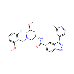 COc1cccc(F)c1CN1C[C@@H](NC(=O)c2ccc3[nH]nc(-c4ccnc(C)c4)c3c2)C[C@@H](OC)C1 ZINC000147783463