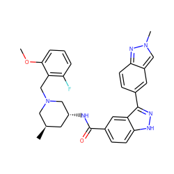 COc1cccc(F)c1CN1C[C@H](C)C[C@@H](NC(=O)c2ccc3[nH]nc(-c4ccc5nn(C)cc5c4)c3c2)C1 ZINC000199800182