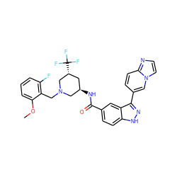 COc1cccc(F)c1CN1C[C@H](NC(=O)c2ccc3[nH]nc(-c4ccc5nccn5c4)c3c2)C[C@@H](C(F)(F)F)C1 ZINC000147821903
