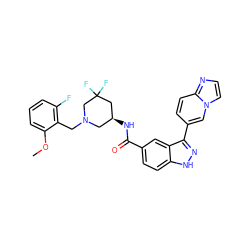 COc1cccc(F)c1CN1C[C@H](NC(=O)c2ccc3[nH]nc(-c4ccc5nccn5c4)c3c2)CC(F)(F)C1 ZINC000147800894