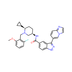 COc1cccc(F)c1CN1C[C@H](NC(=O)c2ccc3[nH]nc(-c4ccc5nccn5c4)c3c2)CC[C@@H]1C1CC1 ZINC000147786515