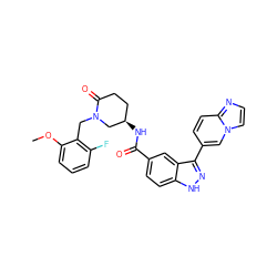 COc1cccc(F)c1CN1C[C@H](NC(=O)c2ccc3[nH]nc(-c4ccc5nccn5c4)c3c2)CCC1=O ZINC000147764965