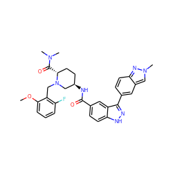 COc1cccc(F)c1CN1C[C@H](NC(=O)c2ccc3[nH]nc(-c4ccc5nn(C)cc5c4)c3c2)CC[C@H]1C(=O)N(C)C ZINC000145093625