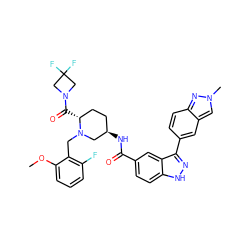 COc1cccc(F)c1CN1C[C@H](NC(=O)c2ccc3[nH]nc(-c4ccc5nn(C)cc5c4)c3c2)CC[C@H]1C(=O)N1CC(F)(F)C1 ZINC000205041838