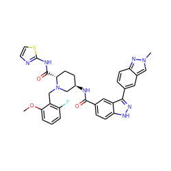 COc1cccc(F)c1CN1C[C@H](NC(=O)c2ccc3[nH]nc(-c4ccc5nn(C)cc5c4)c3c2)CC[C@H]1C(=O)Nc1nccs1 ZINC000221937316