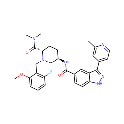 COc1cccc(F)c1CN1C[C@H](NC(=O)c2ccc3[nH]nc(-c4ccnc(C)c4)c3c2)CC[C@H]1C(=O)N(C)C ZINC000144799497