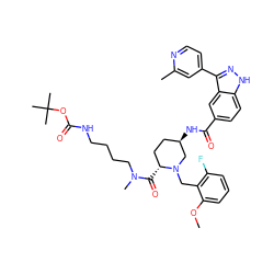 COc1cccc(F)c1CN1C[C@H](NC(=O)c2ccc3[nH]nc(-c4ccnc(C)c4)c3c2)CC[C@H]1C(=O)N(C)CCCCNC(=O)OC(C)(C)C ZINC000224008935