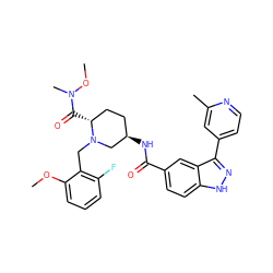 COc1cccc(F)c1CN1C[C@H](NC(=O)c2ccc3[nH]nc(-c4ccnc(C)c4)c3c2)CC[C@H]1C(=O)N(C)OC ZINC000144950027