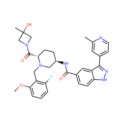 COc1cccc(F)c1CN1C[C@H](NC(=O)c2ccc3[nH]nc(-c4ccnc(C)c4)c3c2)CC[C@H]1C(=O)N1CC(C)(O)C1 ZINC000199803522