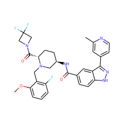 COc1cccc(F)c1CN1C[C@H](NC(=O)c2ccc3[nH]nc(-c4ccnc(C)c4)c3c2)CC[C@H]1C(=O)N1CC(F)(F)C1 ZINC000205012789