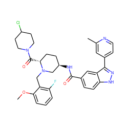 COc1cccc(F)c1CN1C[C@H](NC(=O)c2ccc3[nH]nc(-c4ccnc(C)c4)c3c2)CC[C@H]1C(=O)N1CCC(Cl)CC1 ZINC000205012918