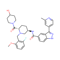 COc1cccc(F)c1CN1C[C@H](NC(=O)c2ccc3[nH]nc(-c4ccnc(C)c4)c3c2)CC[C@H]1C(=O)N1CCC(O)CC1 ZINC000199804013