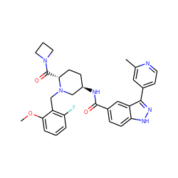 COc1cccc(F)c1CN1C[C@H](NC(=O)c2ccc3[nH]nc(-c4ccnc(C)c4)c3c2)CC[C@H]1C(=O)N1CCC1 ZINC000144832903