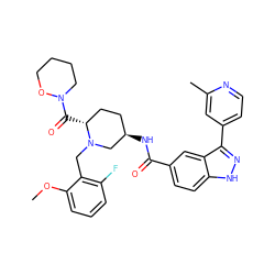 COc1cccc(F)c1CN1C[C@H](NC(=O)c2ccc3[nH]nc(-c4ccnc(C)c4)c3c2)CC[C@H]1C(=O)N1CCCCO1 ZINC000144918809