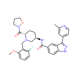 COc1cccc(F)c1CN1C[C@H](NC(=O)c2ccc3[nH]nc(-c4ccnc(C)c4)c3c2)CC[C@H]1C(=O)N1CCCO1 ZINC000205011473