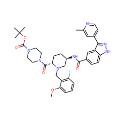 COc1cccc(F)c1CN1C[C@H](NC(=O)c2ccc3[nH]nc(-c4ccnc(C)c4)c3c2)CC[C@H]1C(=O)N1CCN(C(=O)OC(C)(C)C)CC1 ZINC000199805449