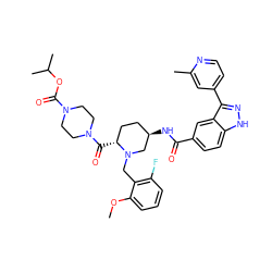 COc1cccc(F)c1CN1C[C@H](NC(=O)c2ccc3[nH]nc(-c4ccnc(C)c4)c3c2)CC[C@H]1C(=O)N1CCN(C(=O)OC(C)C)CC1 ZINC000205024083