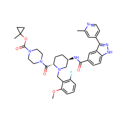 COc1cccc(F)c1CN1C[C@H](NC(=O)c2ccc3[nH]nc(-c4ccnc(C)c4)c3c2)CC[C@H]1C(=O)N1CCN(C(=O)OC2(C)CC2)CC1 ZINC000205024061
