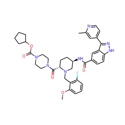 COc1cccc(F)c1CN1C[C@H](NC(=O)c2ccc3[nH]nc(-c4ccnc(C)c4)c3c2)CC[C@H]1C(=O)N1CCN(C(=O)OC2CCCC2)CC1 ZINC000205011725