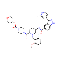 COc1cccc(F)c1CN1C[C@H](NC(=O)c2ccc3[nH]nc(-c4ccnc(C)c4)c3c2)CC[C@H]1C(=O)N1CCN(C(=O)OC2CCOCC2)CC1 ZINC000223865372