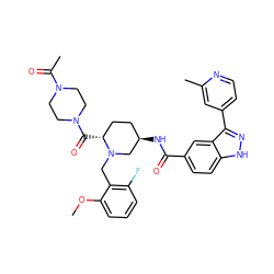 COc1cccc(F)c1CN1C[C@H](NC(=O)c2ccc3[nH]nc(-c4ccnc(C)c4)c3c2)CC[C@H]1C(=O)N1CCN(C(C)=O)CC1 ZINC000205011525