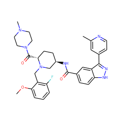 COc1cccc(F)c1CN1C[C@H](NC(=O)c2ccc3[nH]nc(-c4ccnc(C)c4)c3c2)CC[C@H]1C(=O)N1CCN(C)CC1 ZINC000144877289