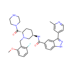 COc1cccc(F)c1CN1C[C@H](NC(=O)c2ccc3[nH]nc(-c4ccnc(C)c4)c3c2)CC[C@H]1C(=O)N1CCNCC1 ZINC000147027409