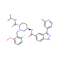 COc1cccc(F)c1CN1C[C@H](NC(=O)c2ccc3[nH]nc(-c4ccnc(C)c4)c3c2)CC[C@H]1C(=O)NC(C)C ZINC000145004256