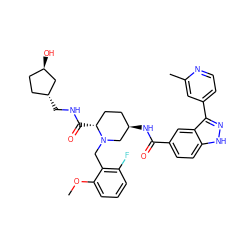 COc1cccc(F)c1CN1C[C@H](NC(=O)c2ccc3[nH]nc(-c4ccnc(C)c4)c3c2)CC[C@H]1C(=O)NC[C@@H]1CC[C@@H](O)C1 ZINC000199803953