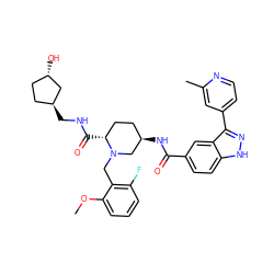 COc1cccc(F)c1CN1C[C@H](NC(=O)c2ccc3[nH]nc(-c4ccnc(C)c4)c3c2)CC[C@H]1C(=O)NC[C@H]1CC[C@H](O)C1 ZINC000145007092