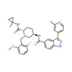 COc1cccc(F)c1CN1C[C@H](NC(=O)c2ccc3[nH]nc(-c4ccnc(C)c4)c3c2)CC[C@H]1C(=O)NC1(C)CC1 ZINC000145091664