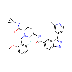 COc1cccc(F)c1CN1C[C@H](NC(=O)c2ccc3[nH]nc(-c4ccnc(C)c4)c3c2)CC[C@H]1C(=O)NC1CC1 ZINC000205033342