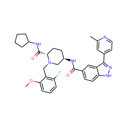 COc1cccc(F)c1CN1C[C@H](NC(=O)c2ccc3[nH]nc(-c4ccnc(C)c4)c3c2)CC[C@H]1C(=O)NC1CCCC1 ZINC000205038962