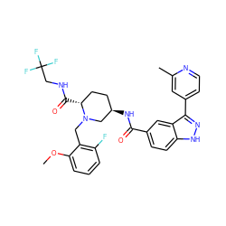 COc1cccc(F)c1CN1C[C@H](NC(=O)c2ccc3[nH]nc(-c4ccnc(C)c4)c3c2)CC[C@H]1C(=O)NCC(F)(F)F ZINC000205036730