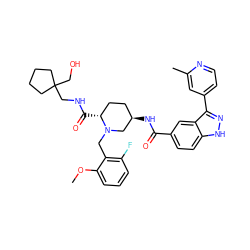 COc1cccc(F)c1CN1C[C@H](NC(=O)c2ccc3[nH]nc(-c4ccnc(C)c4)c3c2)CC[C@H]1C(=O)NCC1(CO)CCCC1 ZINC000144997661