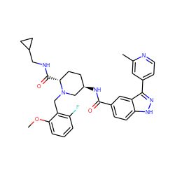 COc1cccc(F)c1CN1C[C@H](NC(=O)c2ccc3[nH]nc(-c4ccnc(C)c4)c3c2)CC[C@H]1C(=O)NCC1CC1 ZINC000205033289