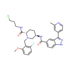 COc1cccc(F)c1CN1C[C@H](NC(=O)c2ccc3[nH]nc(-c4ccnc(C)c4)c3c2)CC[C@H]1C(=O)NCCCCl ZINC000205008668