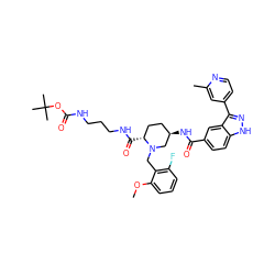 COc1cccc(F)c1CN1C[C@H](NC(=O)c2ccc3[nH]nc(-c4ccnc(C)c4)c3c2)CC[C@H]1C(=O)NCCCNC(=O)OC(C)(C)C ZINC000205042502