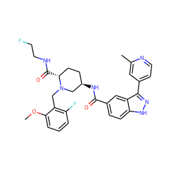 COc1cccc(F)c1CN1C[C@H](NC(=O)c2ccc3[nH]nc(-c4ccnc(C)c4)c3c2)CC[C@H]1C(=O)NCCF ZINC000221929822