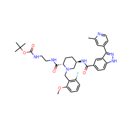 COc1cccc(F)c1CN1C[C@H](NC(=O)c2ccc3[nH]nc(-c4ccnc(C)c4)c3c2)CC[C@H]1C(=O)NCCNC(=O)OC(C)(C)C ZINC000224007141