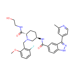 COc1cccc(F)c1CN1C[C@H](NC(=O)c2ccc3[nH]nc(-c4ccnc(C)c4)c3c2)CC[C@H]1C(=O)NCCO ZINC000205031585