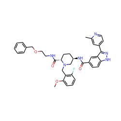 COc1cccc(F)c1CN1C[C@H](NC(=O)c2ccc3[nH]nc(-c4ccnc(C)c4)c3c2)CC[C@H]1C(=O)NCCOCc1ccccc1 ZINC000205031647